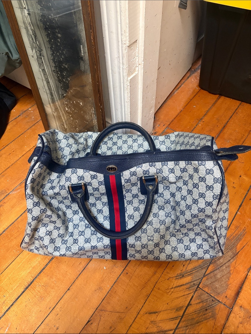 Blue GG Monogram Supreme Duffel Weekender Travel Bag with Red-Blue Web Stripe